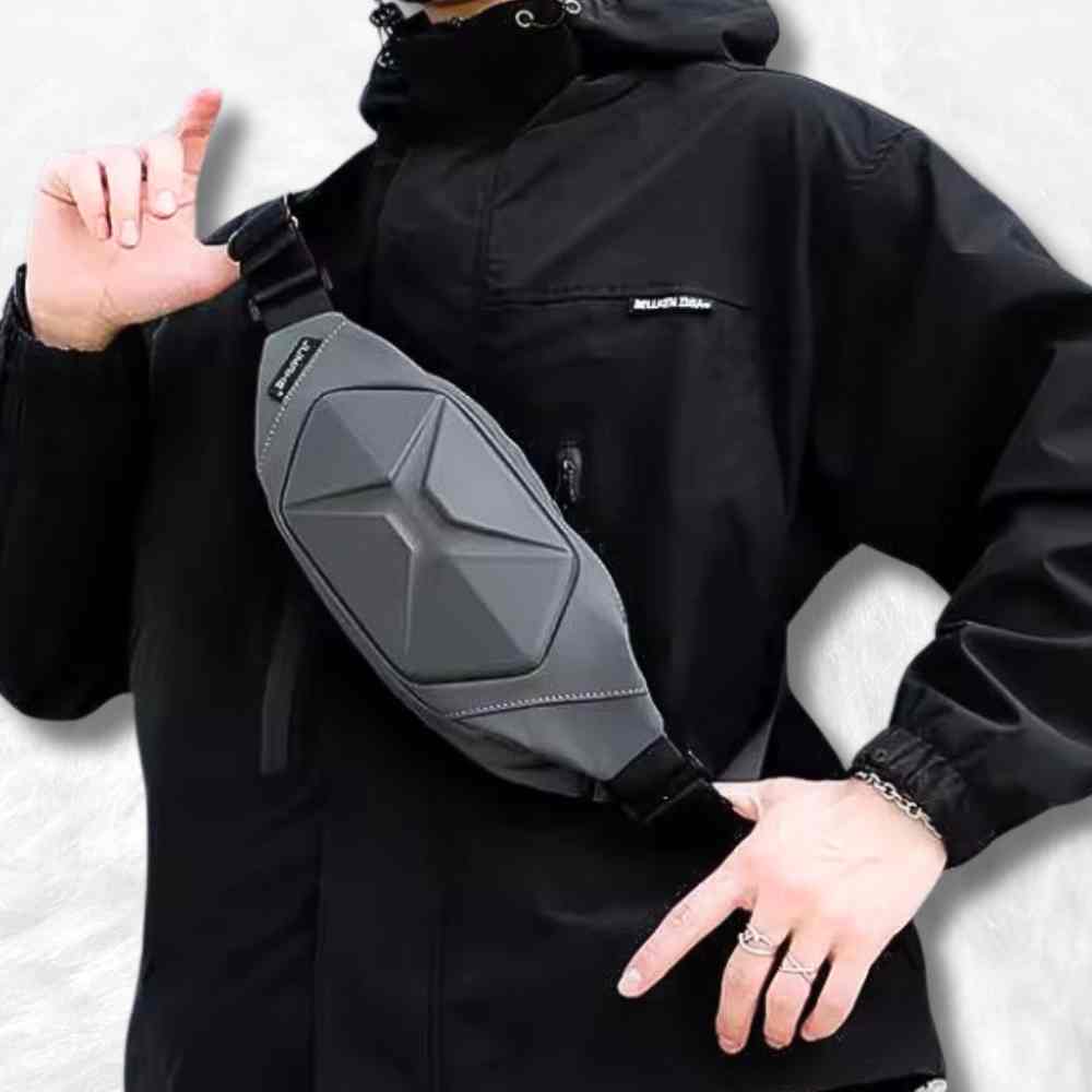 Sac Banane Antivol gris sur un homme